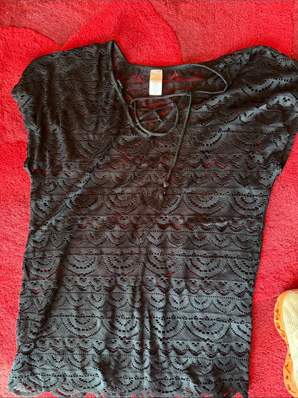 Time and Tru Black Lace Overlay Short Sleeve Camisole with Lace-Up Neck